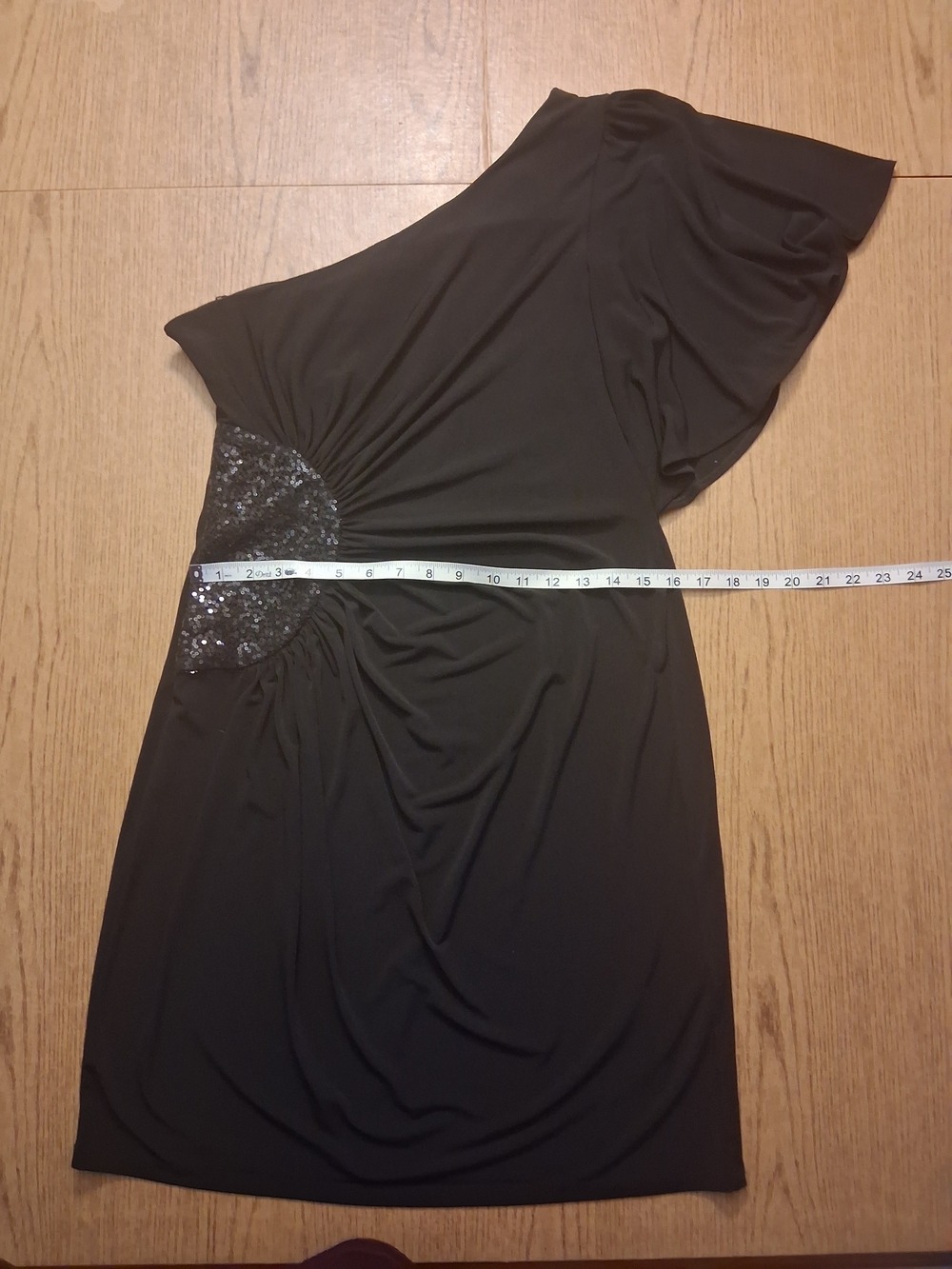 London Times Black One-Shoulder Ruched & Sequins Cocktail Dress         Size 14 - Picture 6 of 9